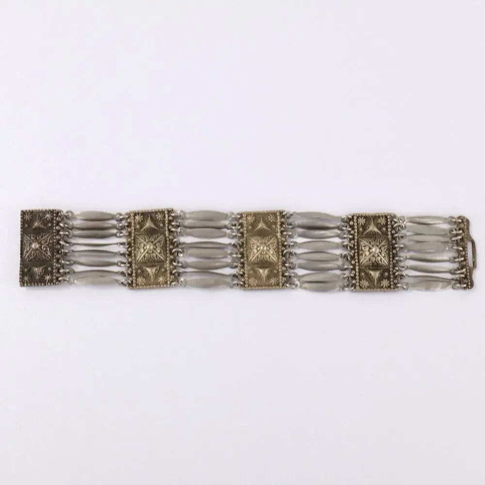 Vintage‎ Sterling Silver Mexico Panel Bracelet Wide Tribal Ethnic Link Cuff 8”
